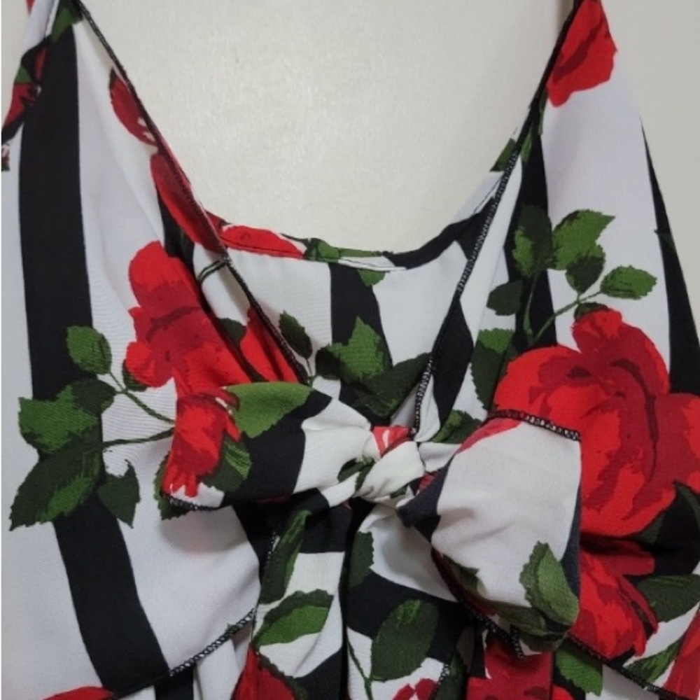 RED ROSES JUMPSUIT by MAD RAGS SLIMMING RED ROSES VERTICAL STRIPES size M EUC - Picture 2 of 3